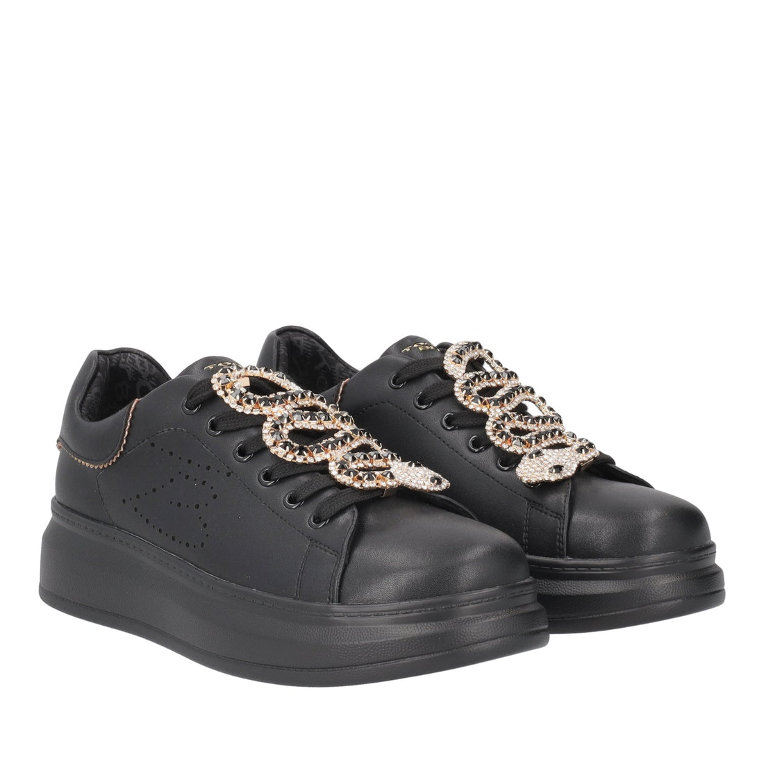 BLACK JULIETTE SNEAKER WITH SNAKE RHINESTONE ACCESSORY