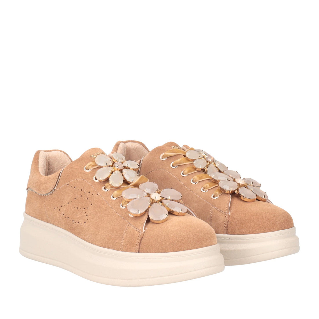 TAN JULIETTE SNEAKER WITH FLOWER IN STONES