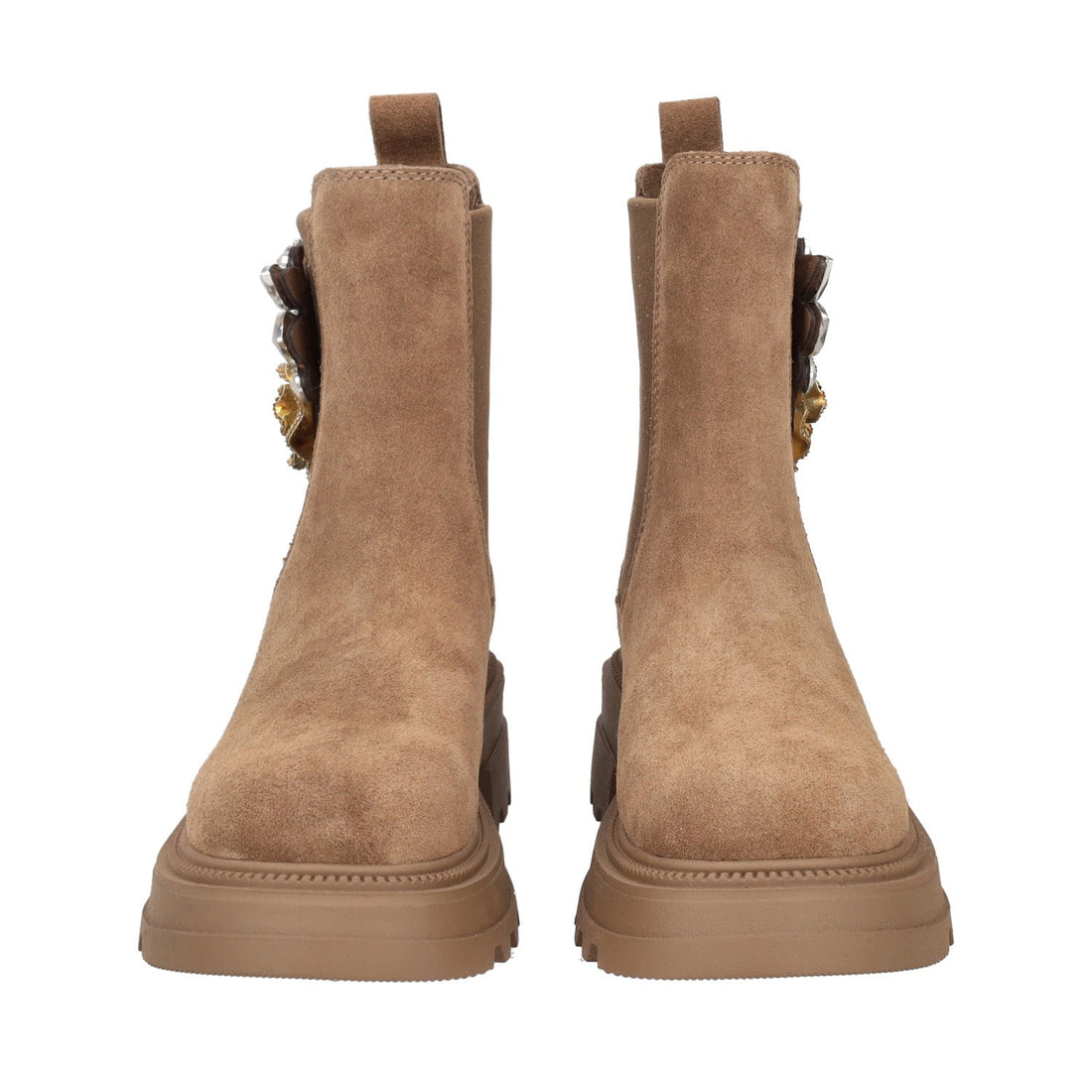 COFFEE SUEDE LEATHER ANKLE BOOT WITH FLOWER