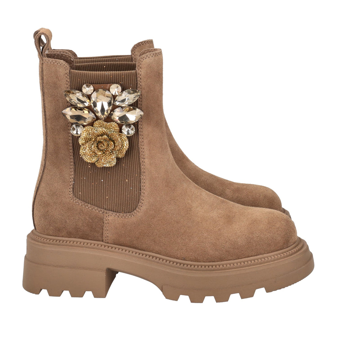 COFFEE SUEDE LEATHER ANKLE BOOT WITH FLOWER