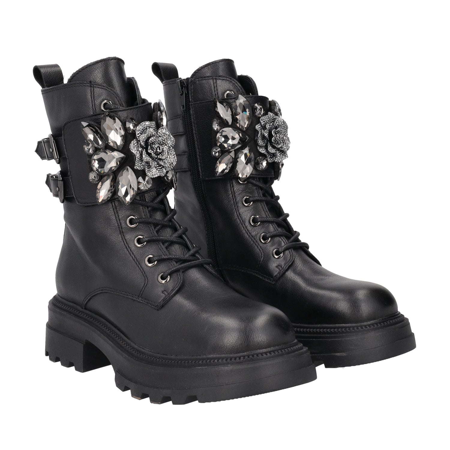 BLACK SUNVALLEY LACED BIKER WITH JEWEL FLOWER