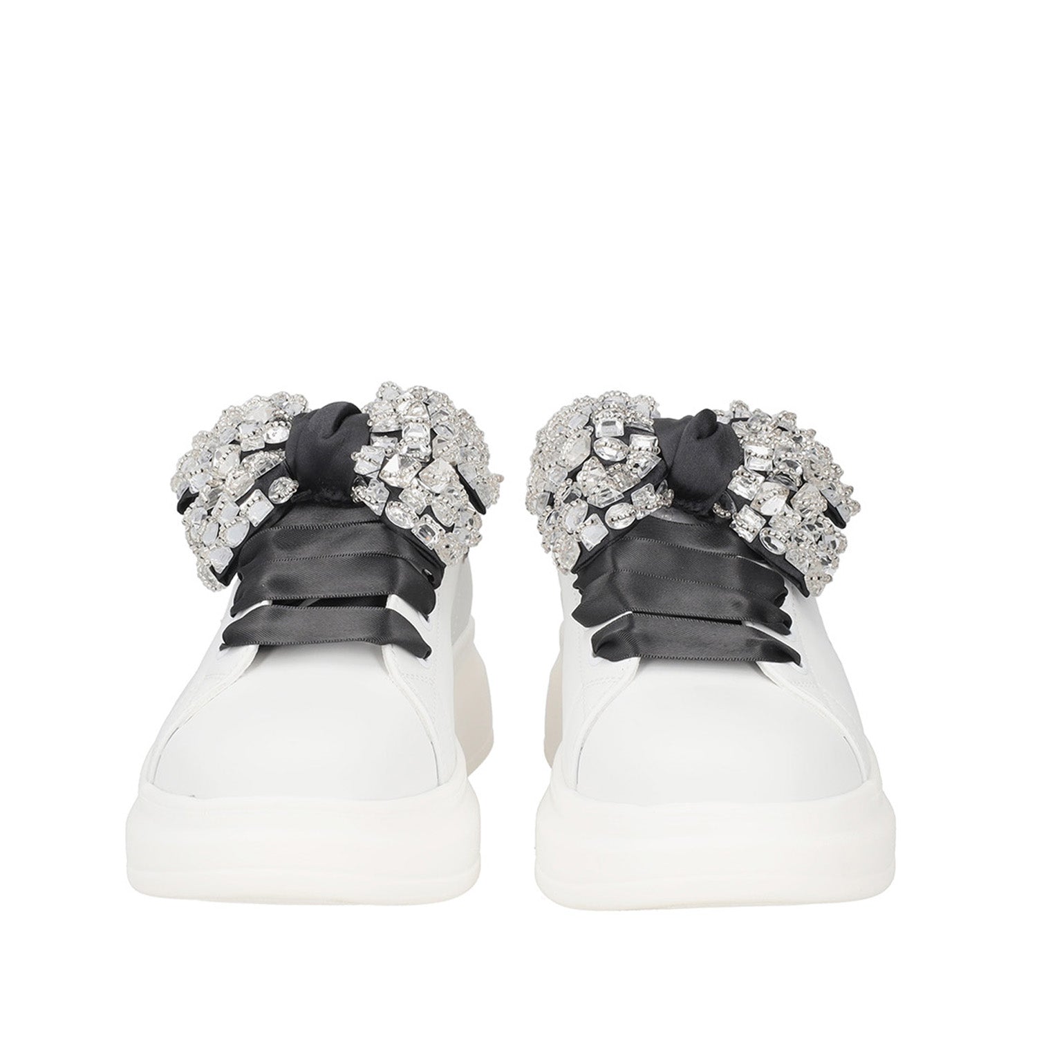 WHITE BLACK GLAMOUR SNEAKER IN LEATHER WITH RHINESTONE BOW