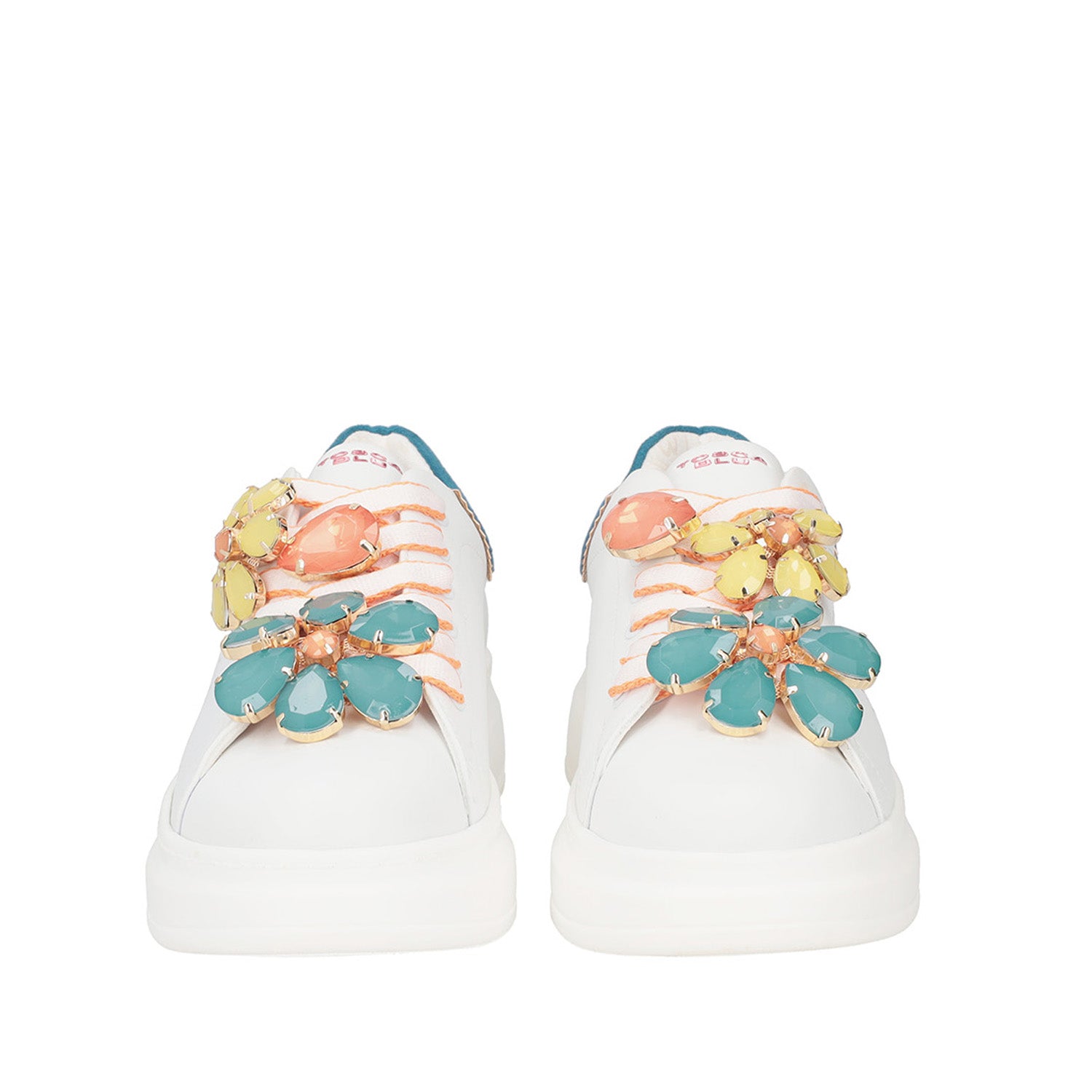 WHITE/TURQUOISE GLAMOUR SNEAKER IN LEATHER WITH JEWEL FLOWERS | Tosca Blu