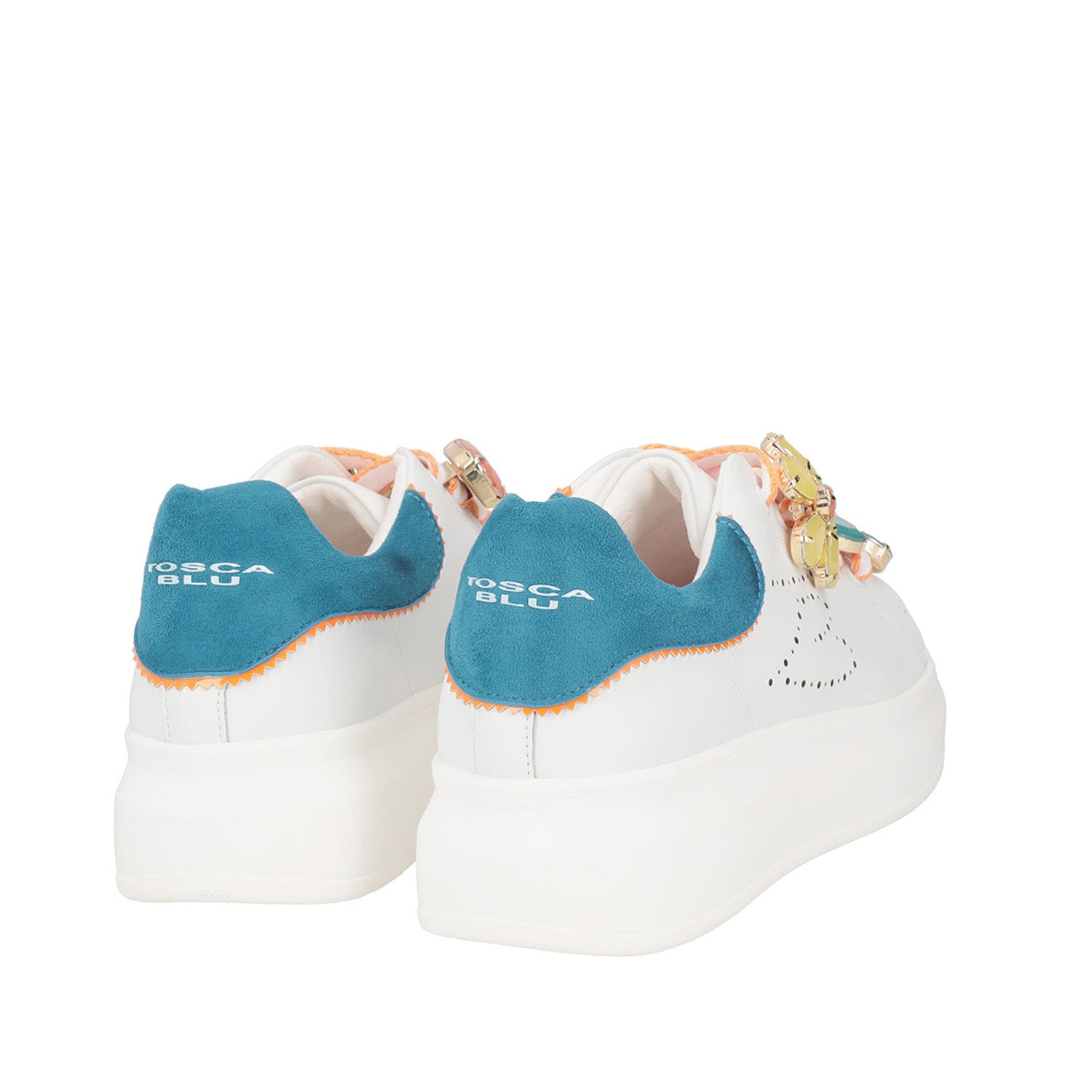 WHITE/TURQUOISE GLAMOUR SNEAKER IN LEATHER WITH JEWEL FLOWERS | Tosca Blu
