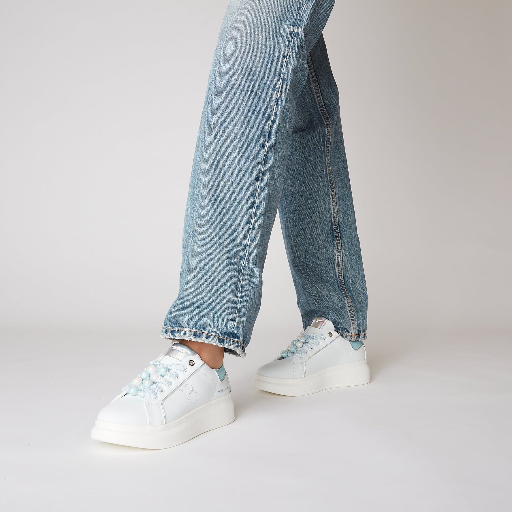 WHITE/LIGHT BLUE BELLATRIX SNEAKER WITH BOREAL EFFECT PEARLS