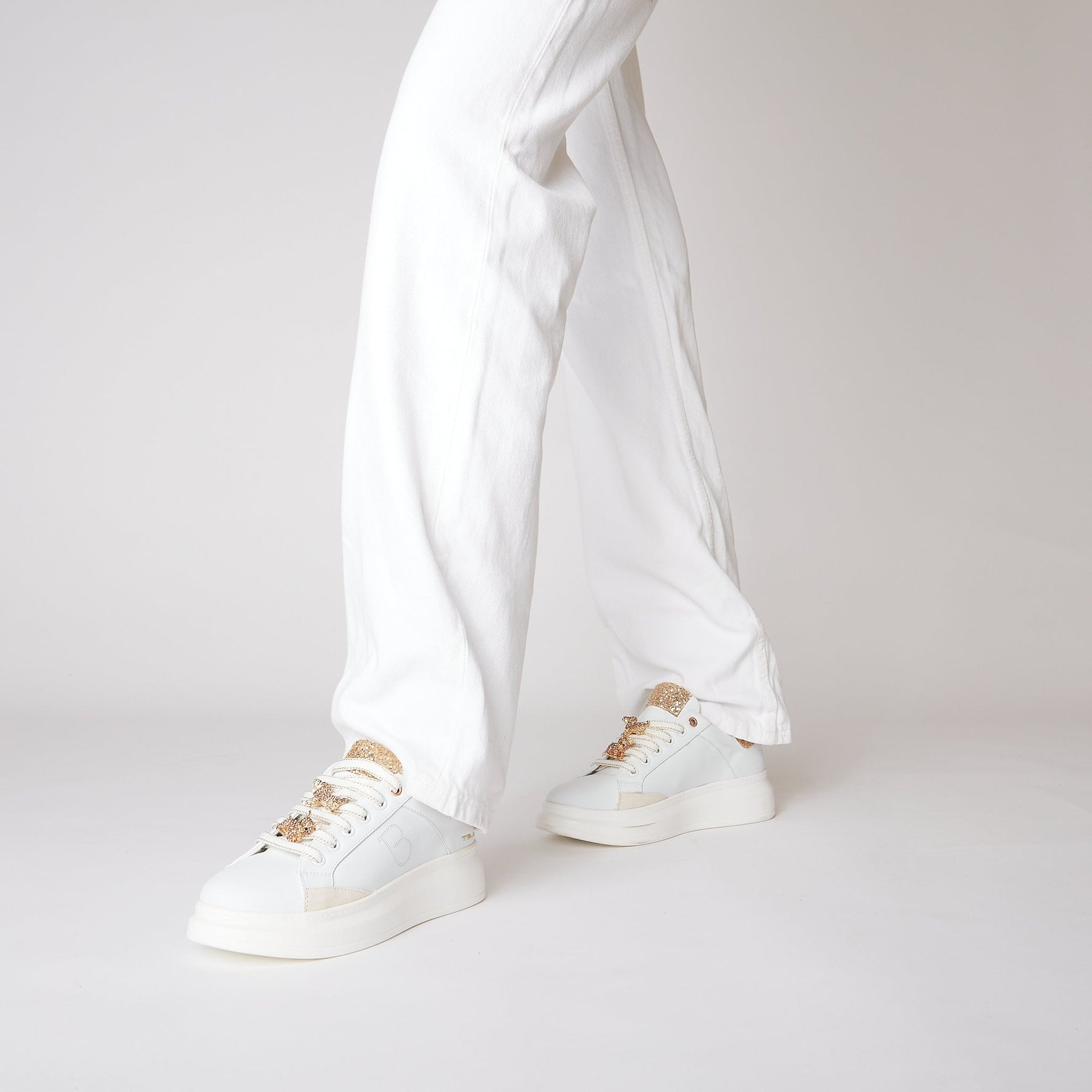 WHITE/GOLD BELLATRIX SNEAKER WITH RHINESTONE ACCESSORY