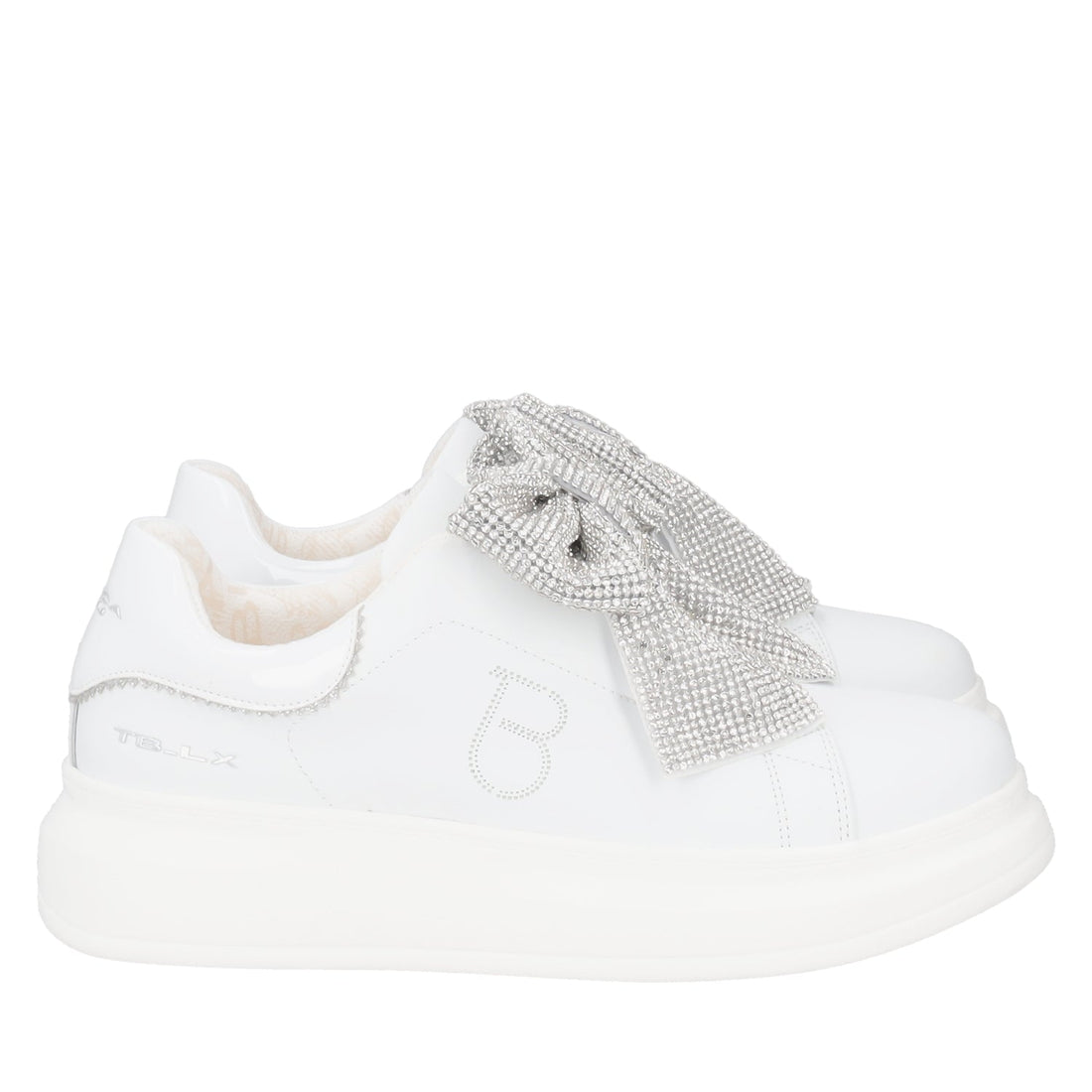 WHITE/SILVER BELLATRIX SNEAKER WITH MAXI RHINESTONE BOW