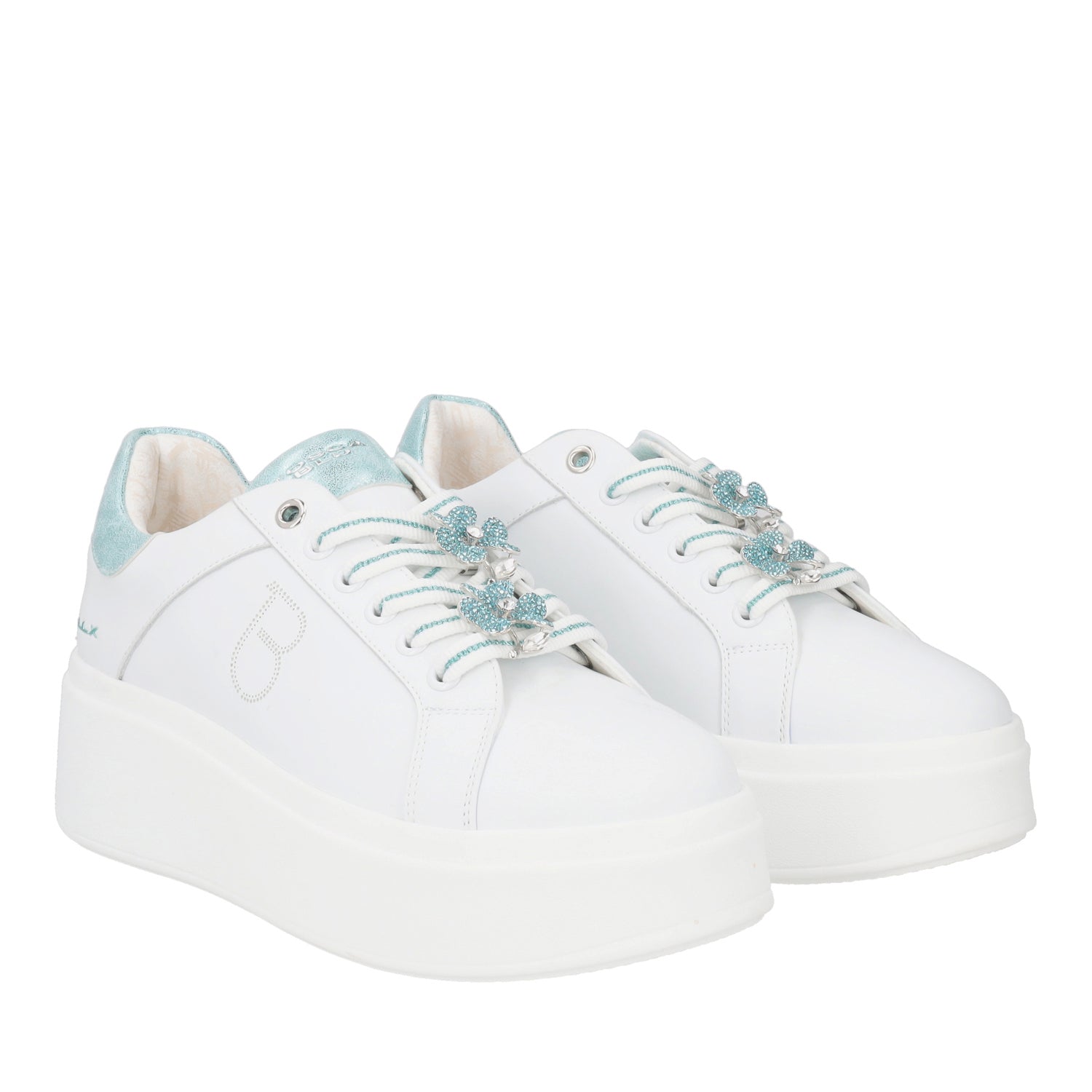 WHITE/AQUA SNEAKER ELETTRA WITH RHINESTONE FLOWERS