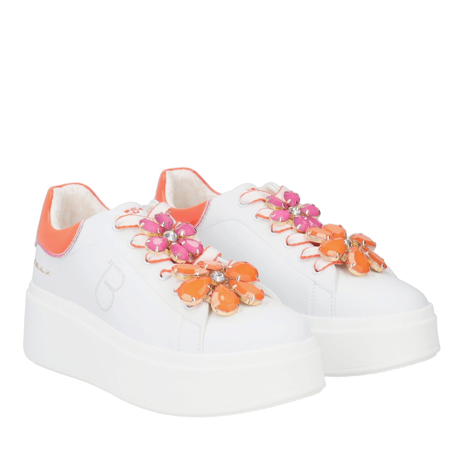 WHITE/ORANGE ELECTRA SNEAKER WITH MAXI COLORFUL FLOWERS