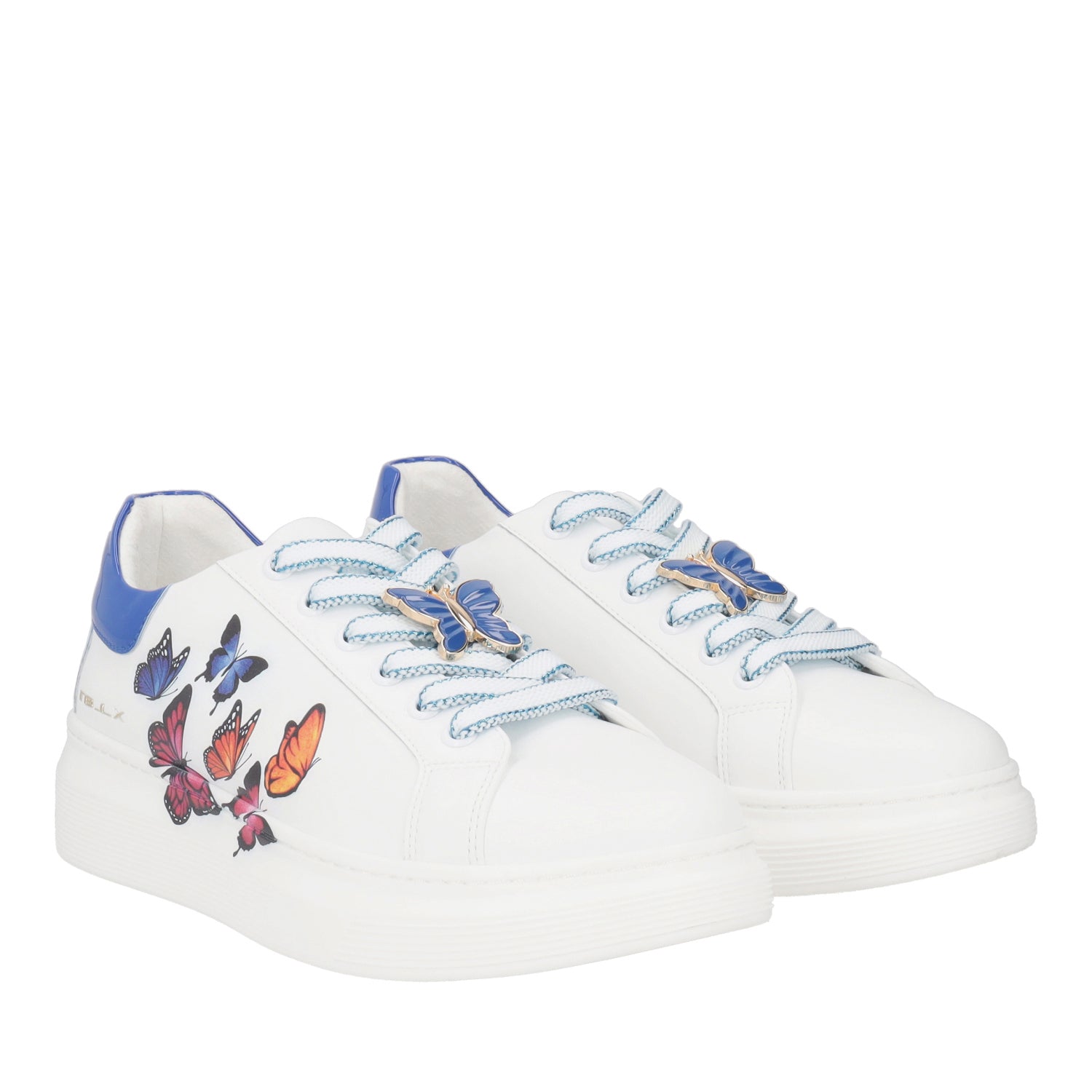 BIANCO/BLUETTE LEATHER FENICE SNEAKER WITH BUTTERFLY PRINT