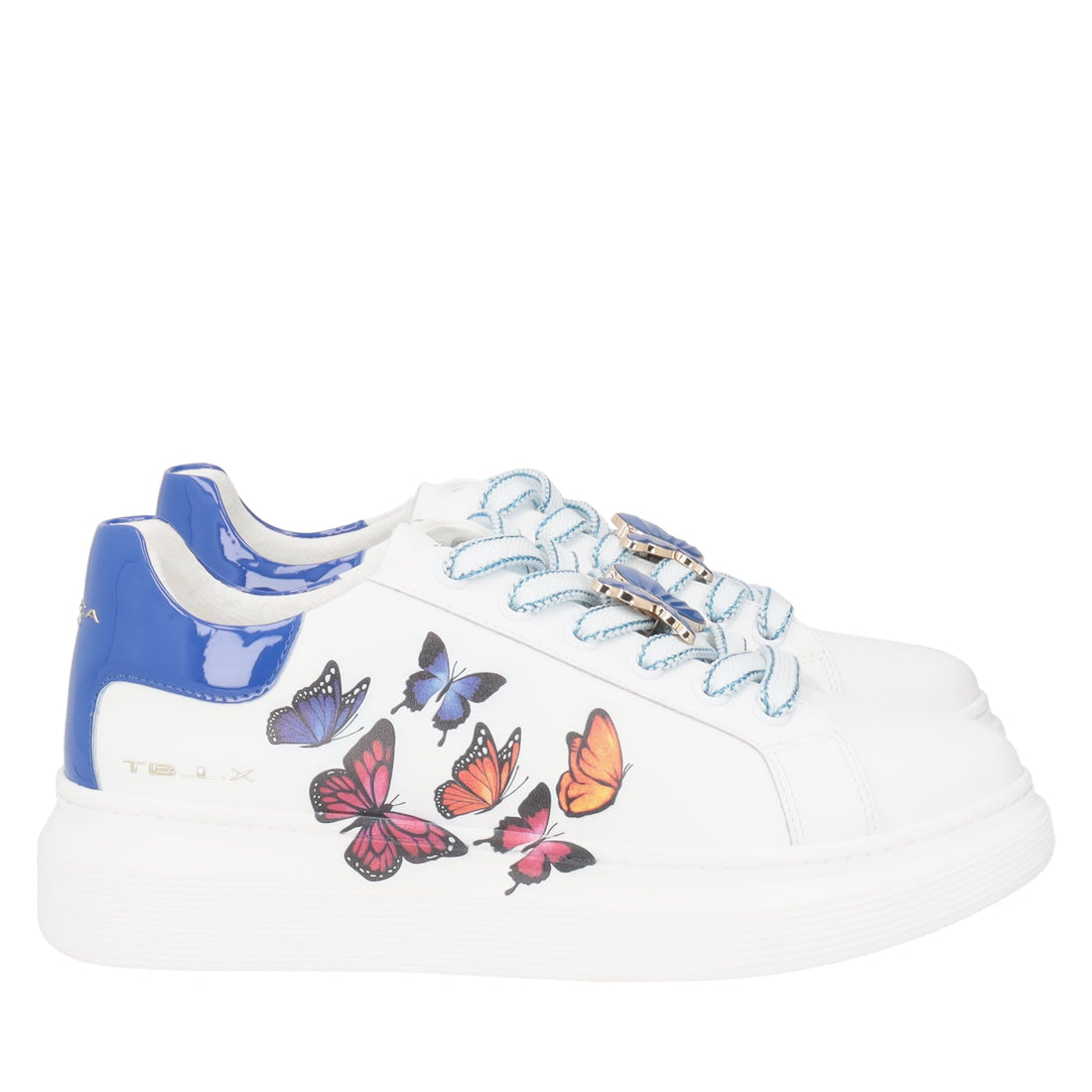 BIANCO/BLUETTE LEATHER FENICE SNEAKER WITH BUTTERFLY PRINT