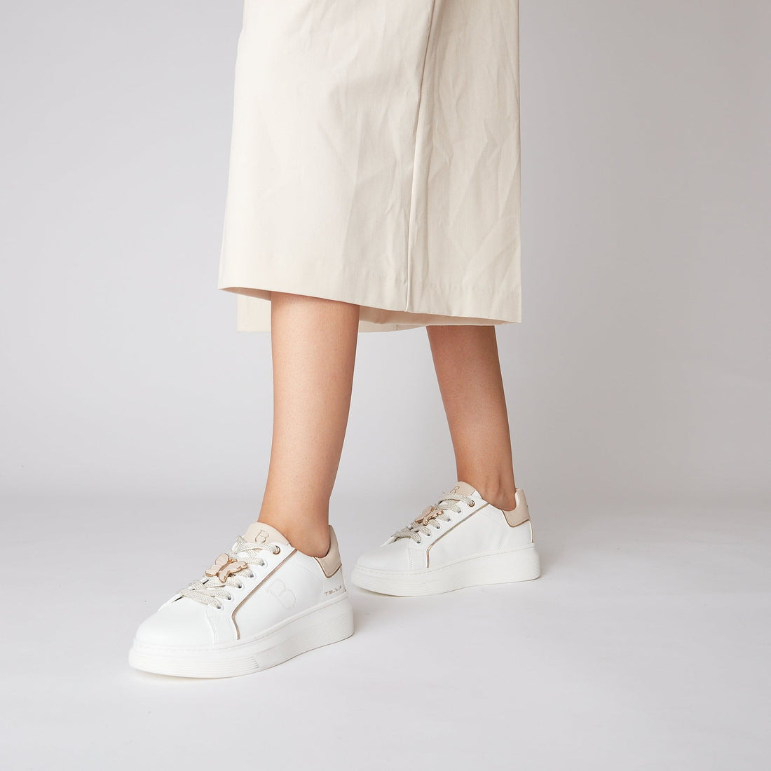 BIANCO/BEIGE FENICE LEATHER SNEAKER WITH BUTTERFLY