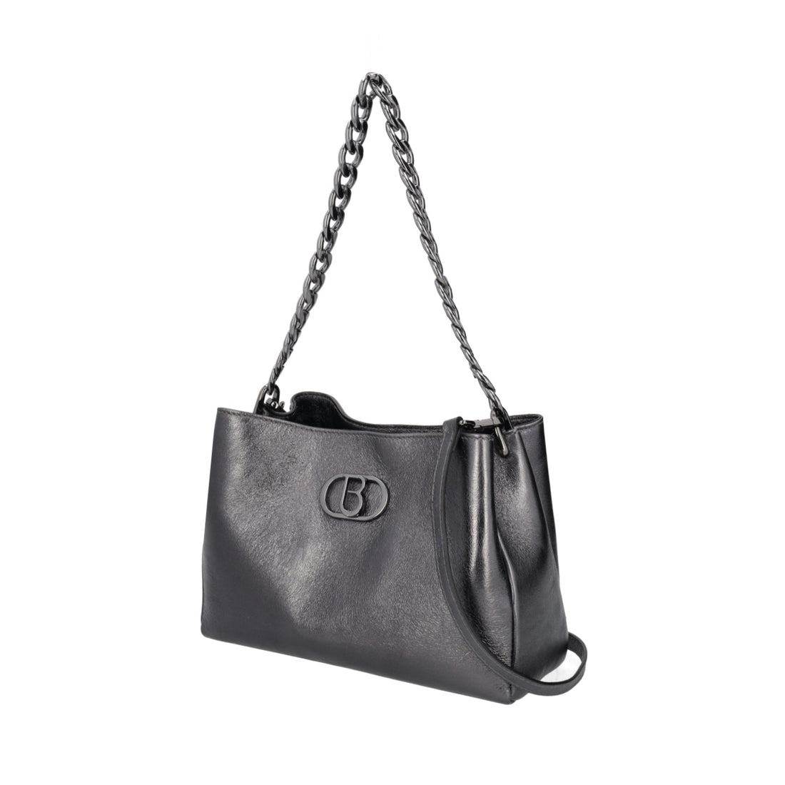 GUN METAL LAME' LEATHER SHOULDER BAG CERVINIA WITH CHAIN