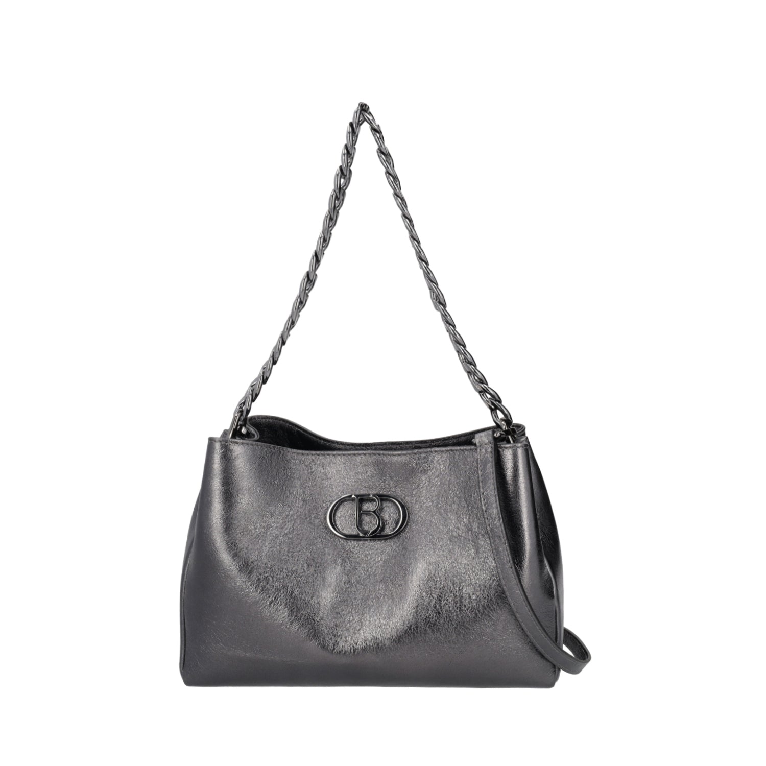 GUN METAL LAME' LEATHER SHOULDER BAG CERVINIA WITH CHAIN