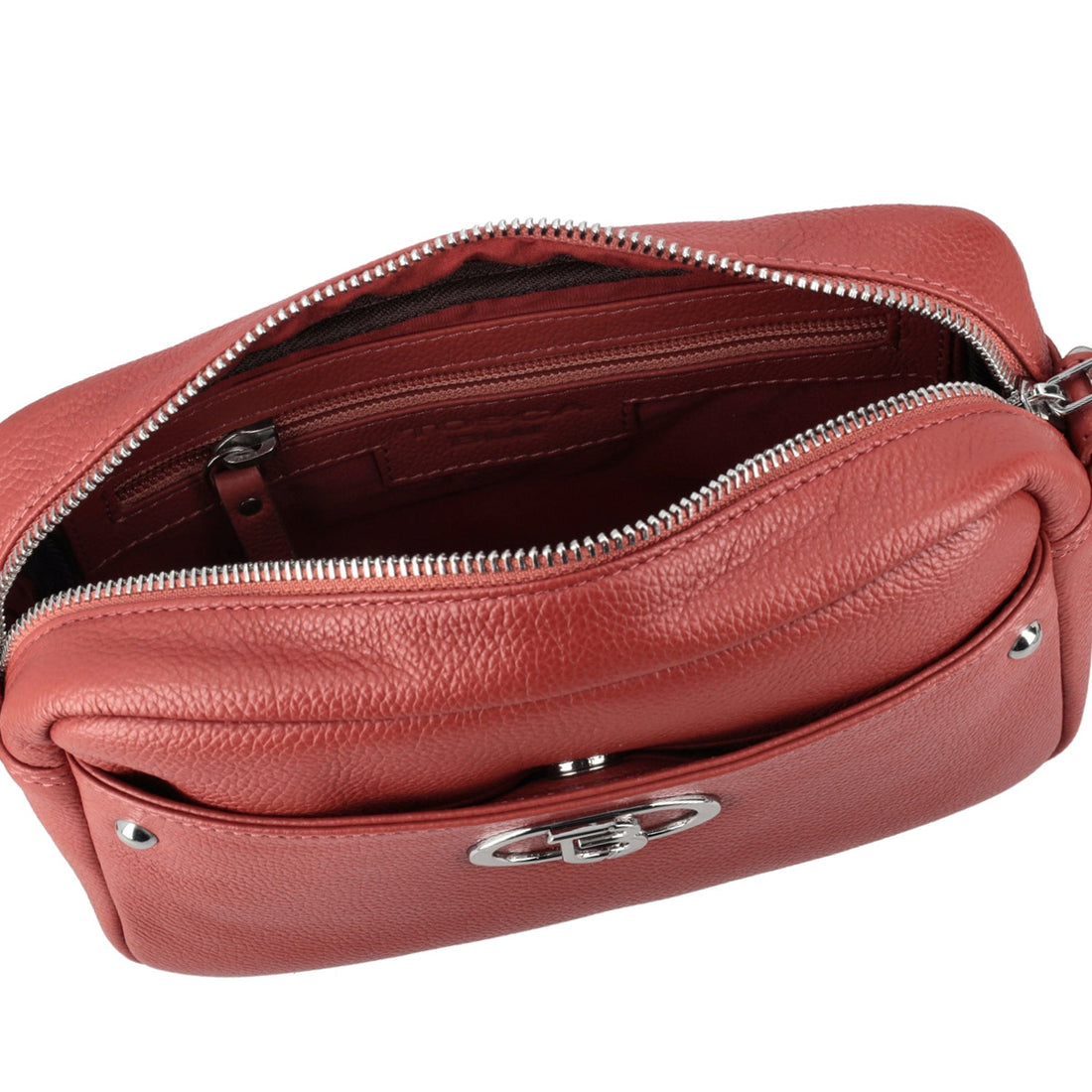 CAMERA BAG IN PELLE CON LOGO COLORE MATTONE