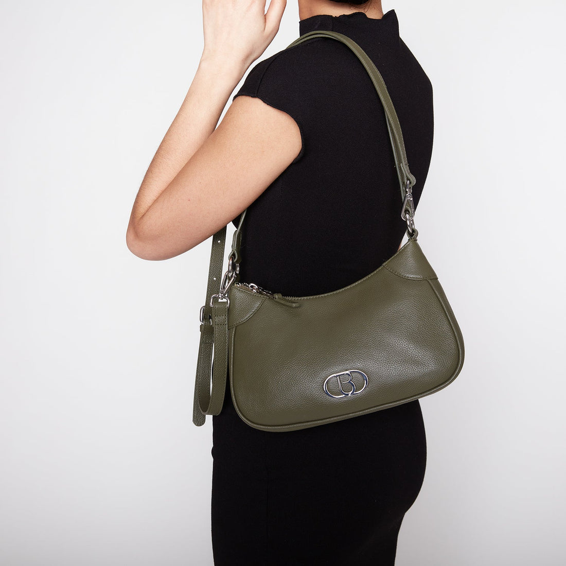 GREEN LEATHER SHOULDER BAG WITH LOGO