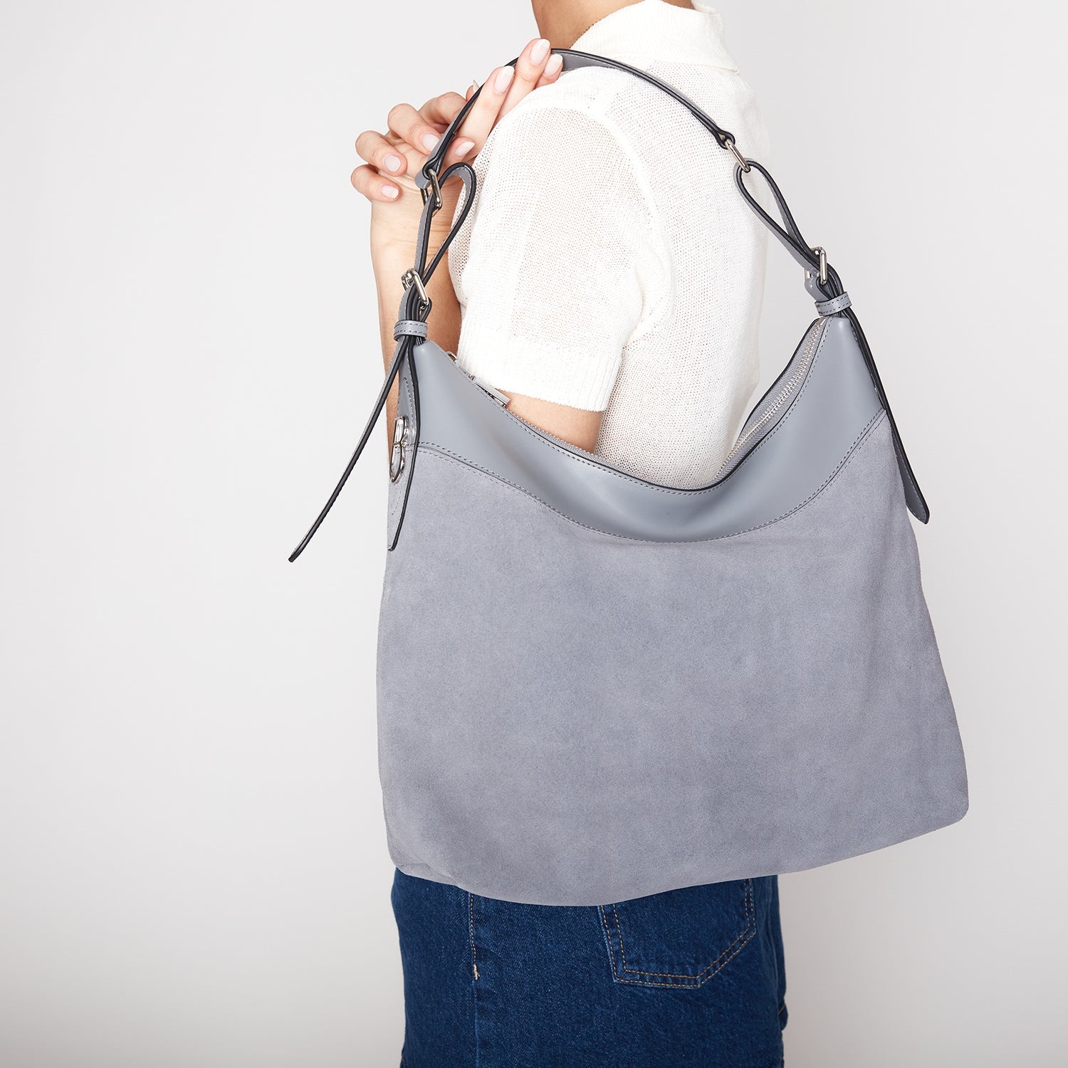 LIGHT GREY DENVER BAG IN SUEDE LEATHER