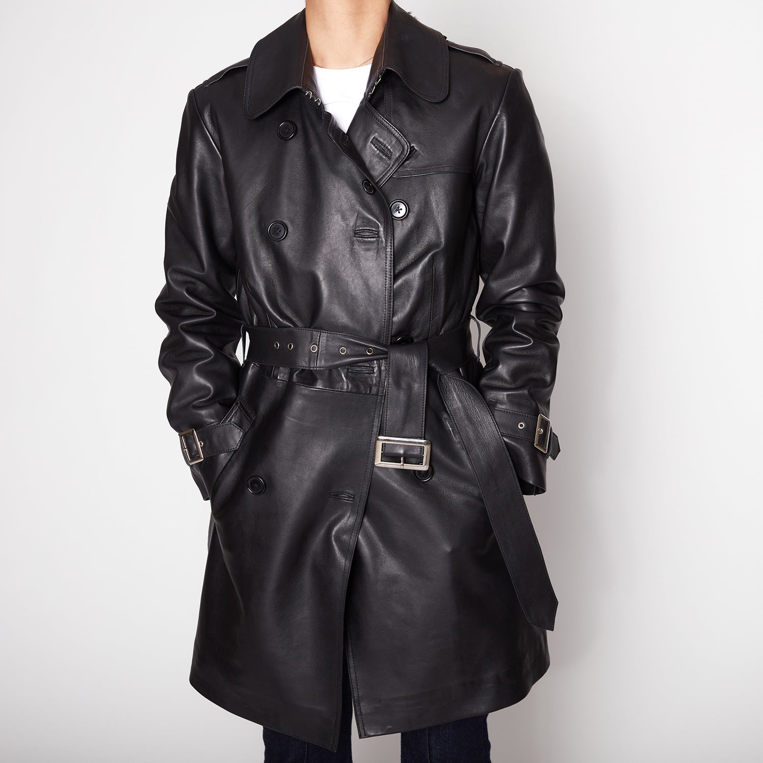 BLACK LONG LEATHER JACKET WITH BELT