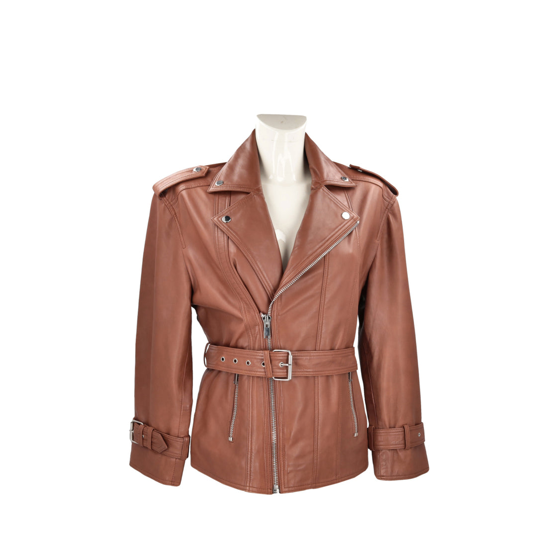 BROWN LEATHER JACKET WITH ZIP AND BELT