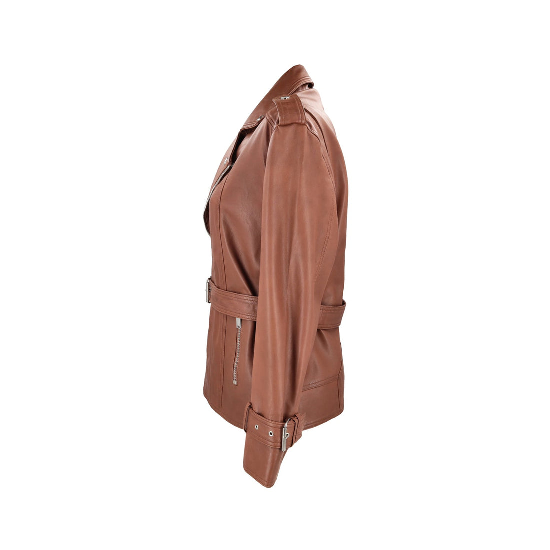 BROWN LEATHER JACKET WITH ZIP AND BELT