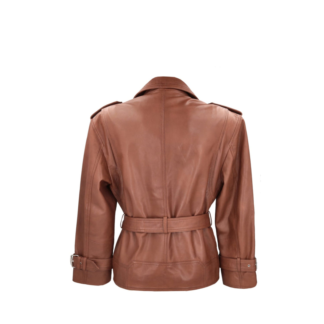 BROWN LEATHER JACKET WITH ZIP AND BELT