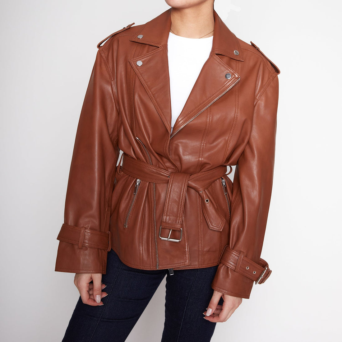 BROWN LEATHER JACKET WITH ZIP AND BELT