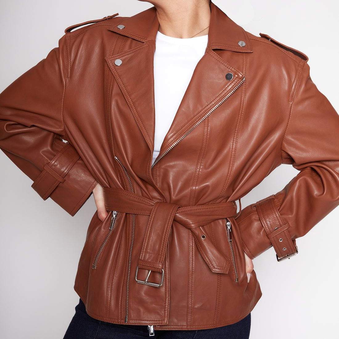 BROWN LEATHER JACKET WITH ZIP AND BELT