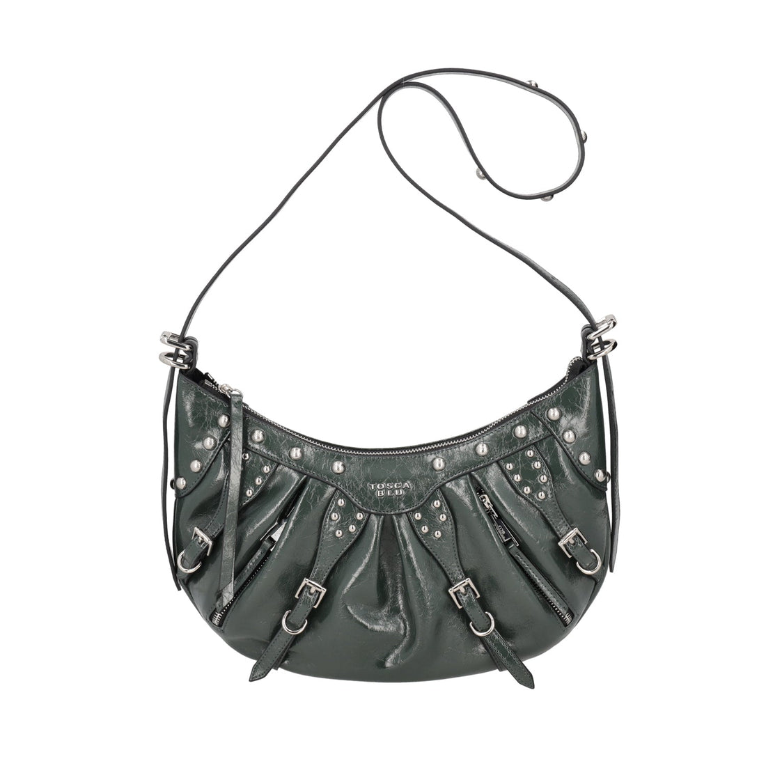 GREEN LONDON LEATHER SHOULDER BAG WITH STUDS