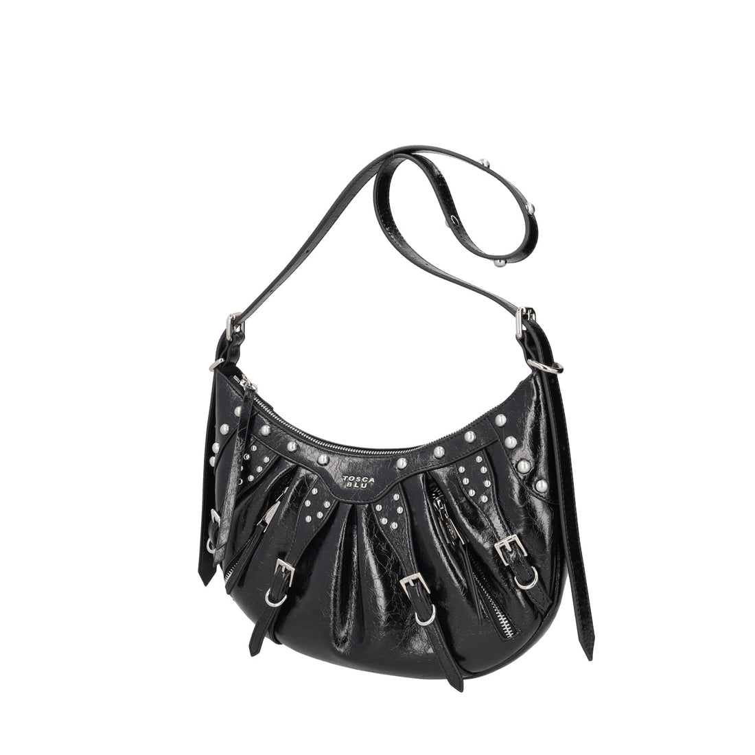 BLACK LONDON LEATHER SHOULDER BAG WITH STUDS