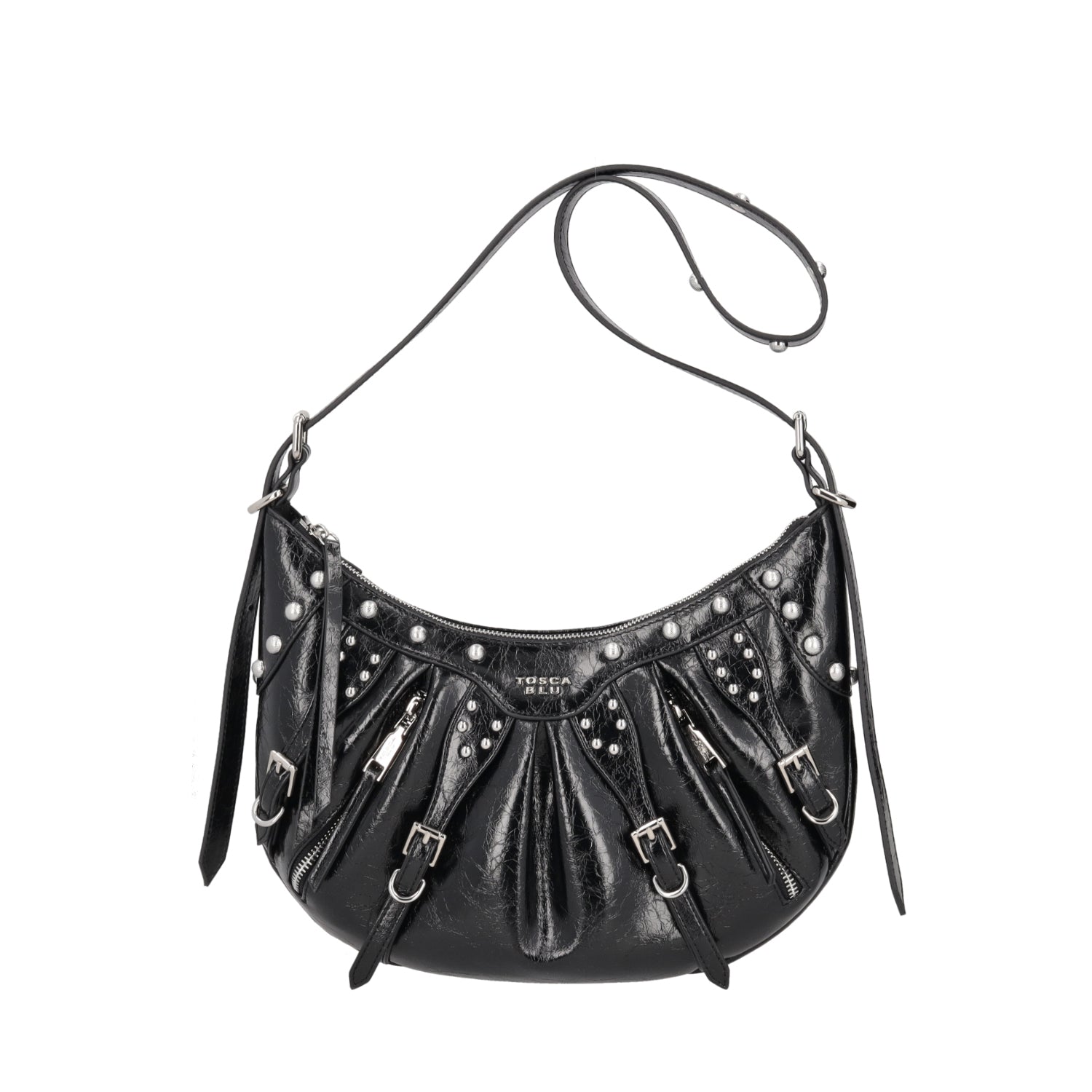 BLACK LONDON LEATHER SHOULDER BAG WITH STUDS