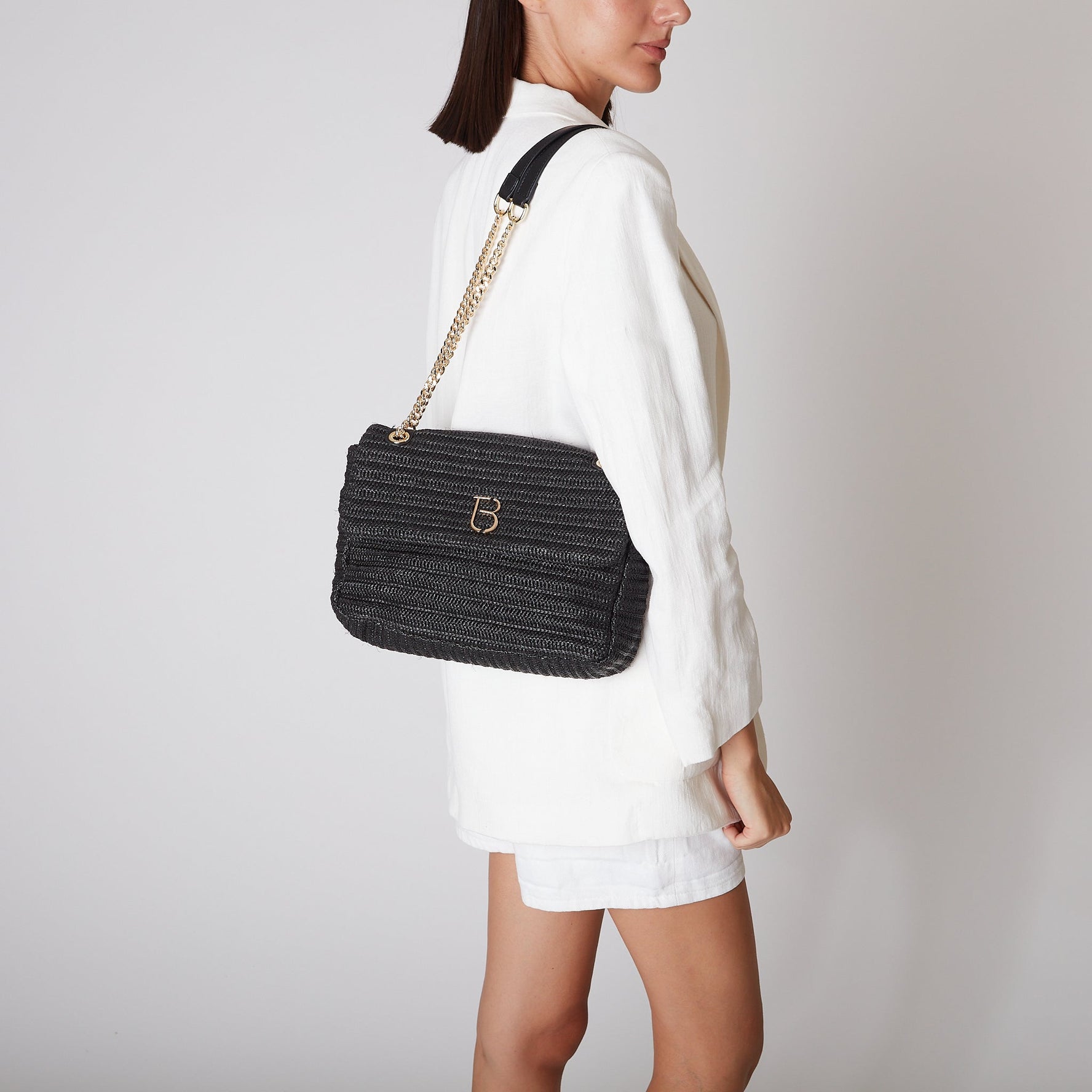 BLACK MYKONOS SHOULDER BAG WITH FLAP